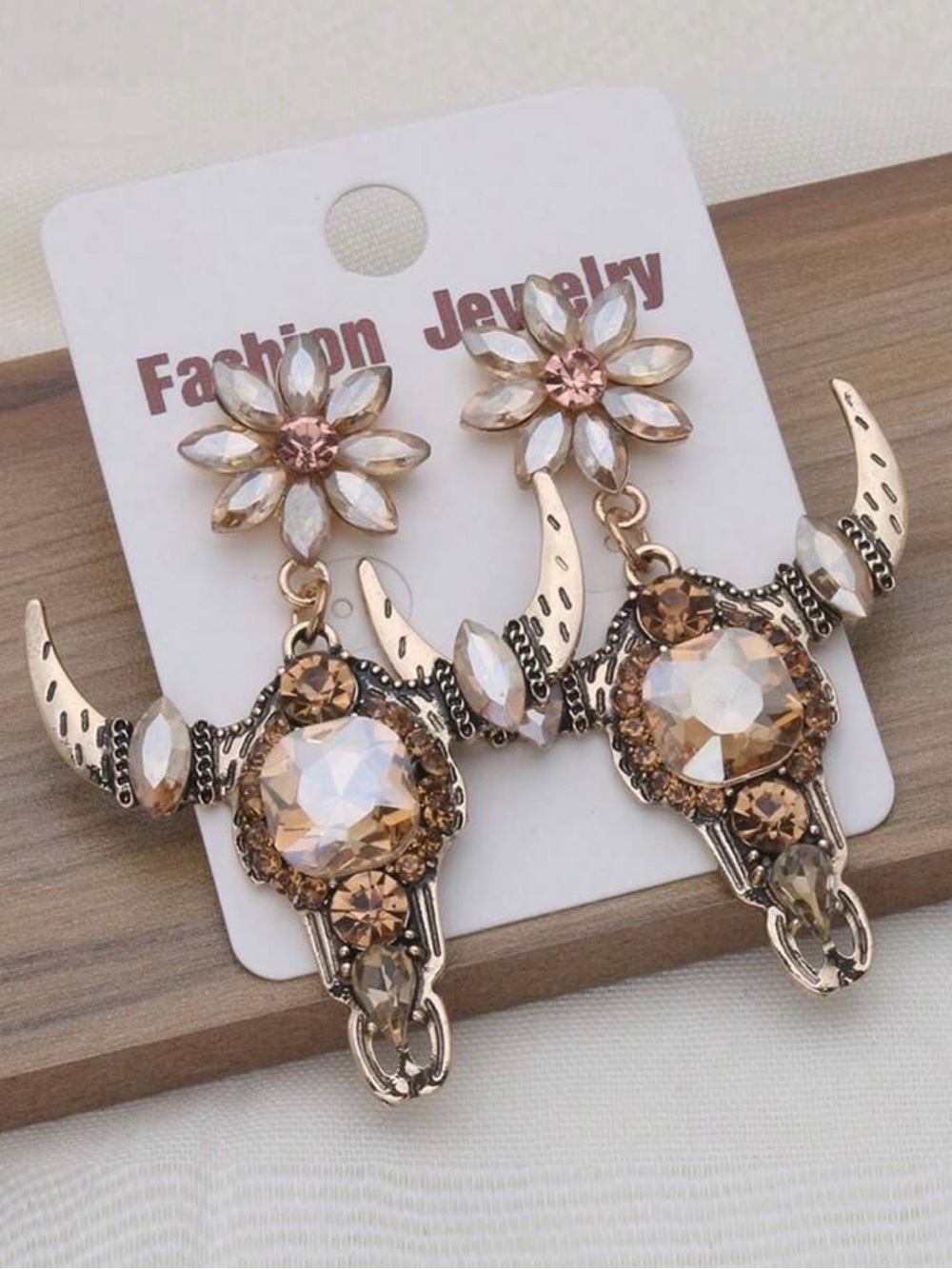Gold-Tone Floral Crystal Bull Skull Statement Earrings - Fashion Jewelry